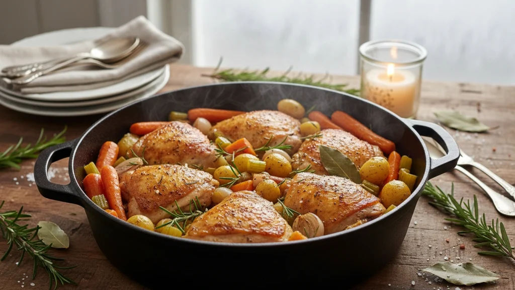 Chicken practically cooks itself winter dinner in a rustic Dutch oven with crispy chicken thighs and hearty vegetables.