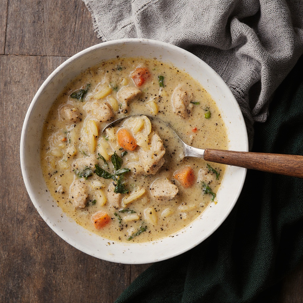 Creamy chicken orzo soup with tender chicken, vegetables, and spinach in a cozy winter bowl