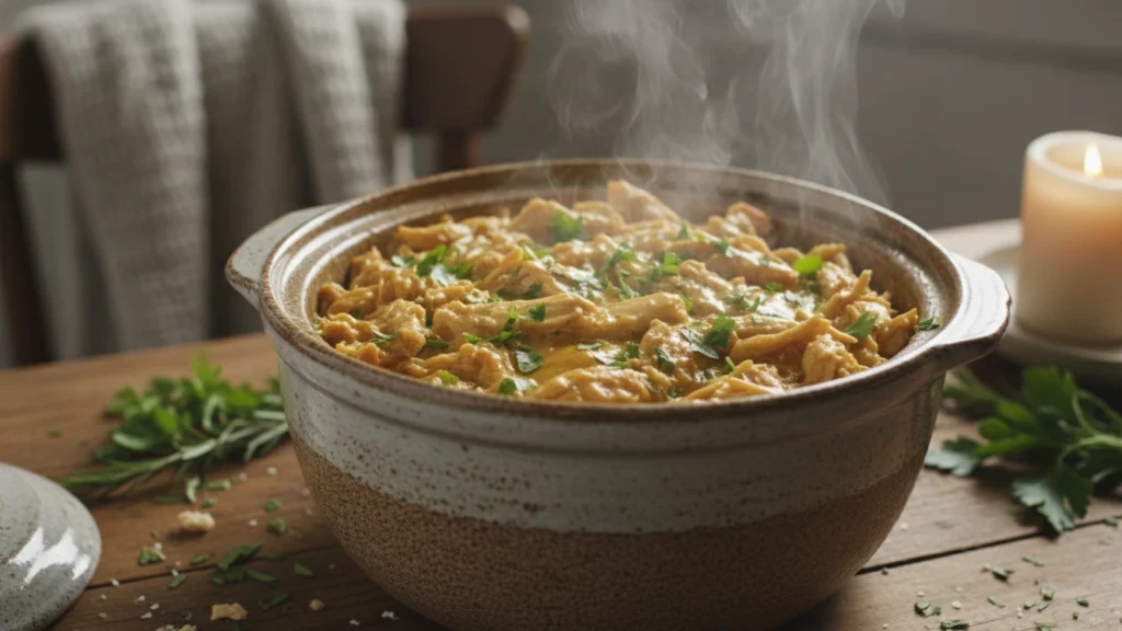 Rustic ceramic crockpot filled with tender shredded chicken in golden savory sauce garnished with fresh parsley on wooden kitchen counter for easy weeknight dinner recipe