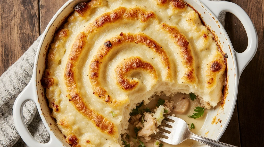 Hearty Chicken Pie with creamy chicken filling and golden mashed potato topping in a baking dish.