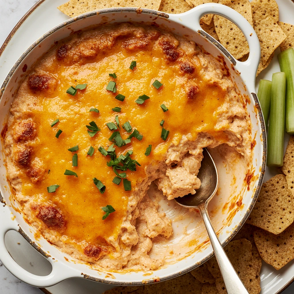 Golden baked buffalo chicken dip topped with melted cheese and chives, surrounded by chips and vegetables for serving.