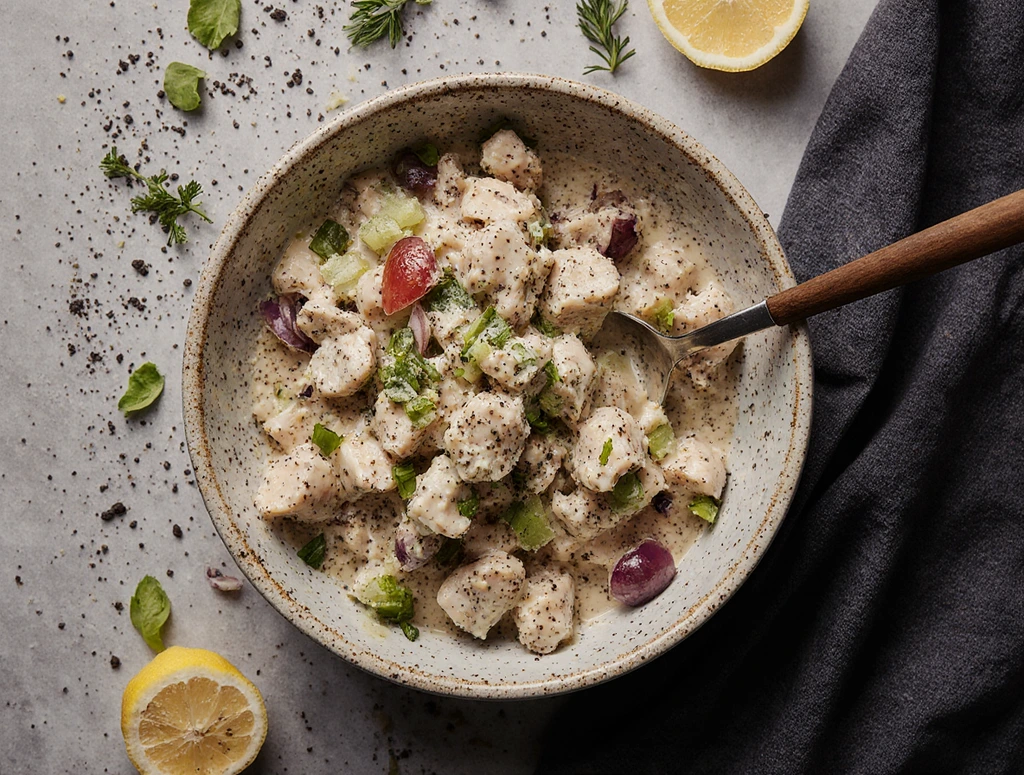 Bowl of classic chicken salad with diced chicken, celery, red onion, and herbs in a creamy dressing, photographed overhead on a light background.