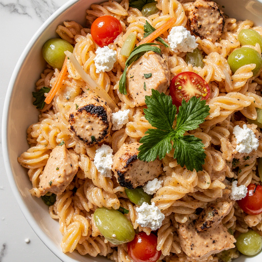 Buffalo Chicken Pasta Salad with rotini, chicken, celery, tomatoes, carrots, and blue cheese in a white bowl, garnished with parsley.