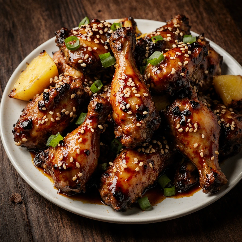 Sticky pineapple teriyaki chicken wings glazed with caramelized sauce, topped with sesame seeds, green onions, and pineapple pieces on a serving platter.