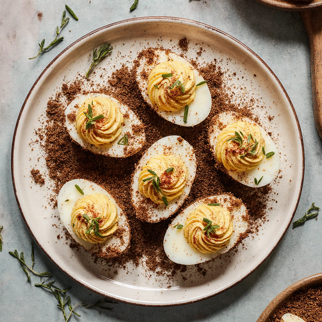 Overhead view of air fryer deviled eggs arranged on a white plate with creamy paprika-topped filling and fresh chives.