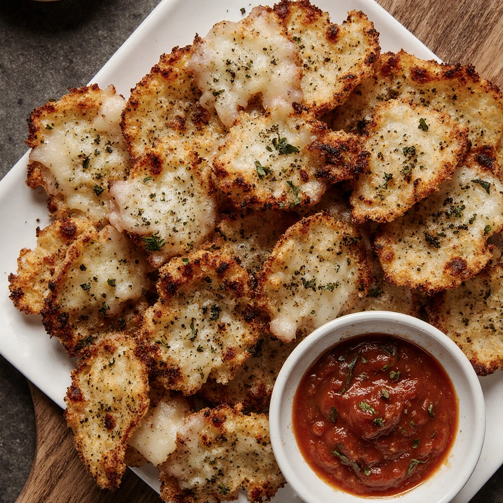 Crispy Pizza Chips topped with melted cheese and Italian seasoning served with marinara sauce.