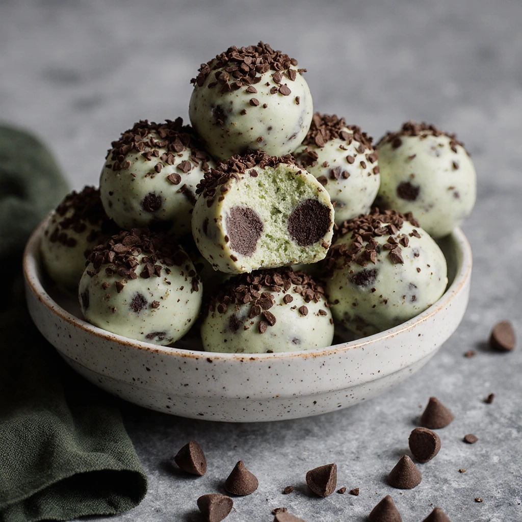 Mint chocolate chip protein balls arranged on a white plate with scattered oats, chocolate chips, and fresh mint leaves.