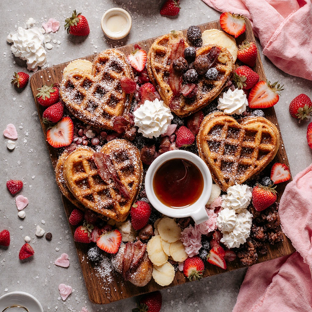 Valentines Day waffle board with heart-shaped waffles, fresh berries, toppings, and romantic breakfast décor arranged on a wooden board.