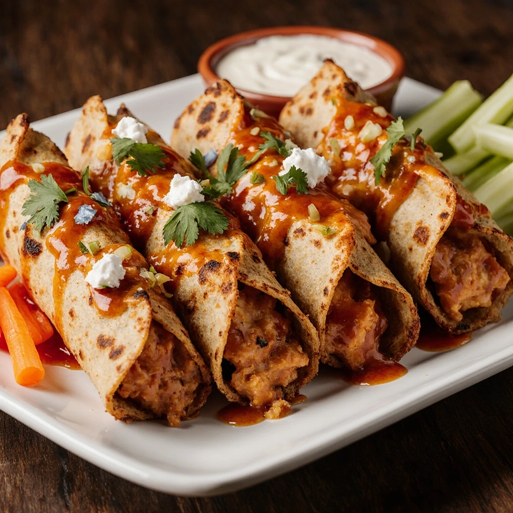 Crispy baked Buffalo Chicken Taquitos on a plate with ranch dipping sauce and garnished with cilantro.