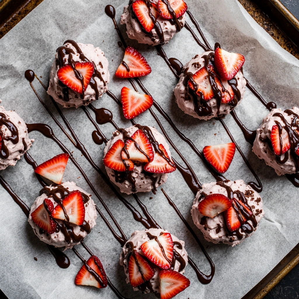 Frozen chocolate strawberry yogurt clusters on a parchment-lined baking sheet, topped with fresh strawberry slices and drizzled dark chocolate.