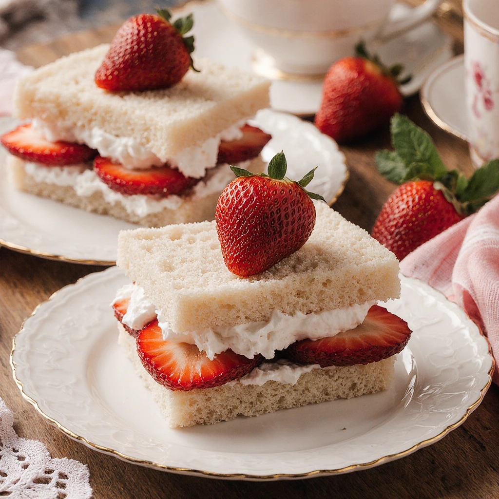 Strawberry cream cheese tea sandwiches arranged on a white plate with fresh strawberry slices and mint leaves.