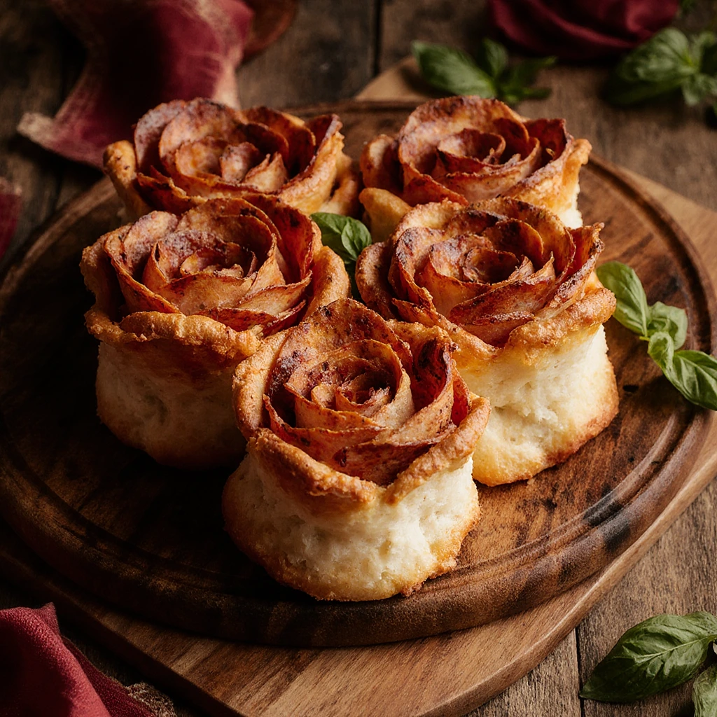 Heart-shaped arrangement of pepperoni pizza roses with melted cheese on a rustic wooden board, garnished with fresh basil.