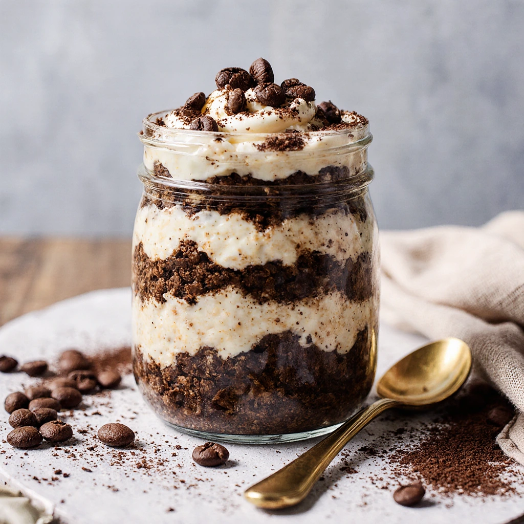 Layered jar of tiramisu overnight oats topped with cocoa powder, sitting on a rustic table with coffee beans and a spoon beside it.