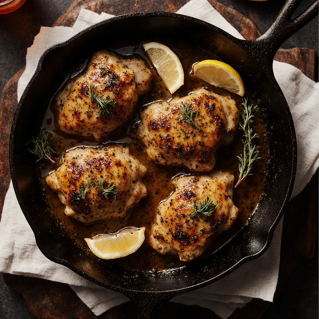 Golden baked honey dijon chicken thighs in a skillet with caramelized glaze and fresh thyme.