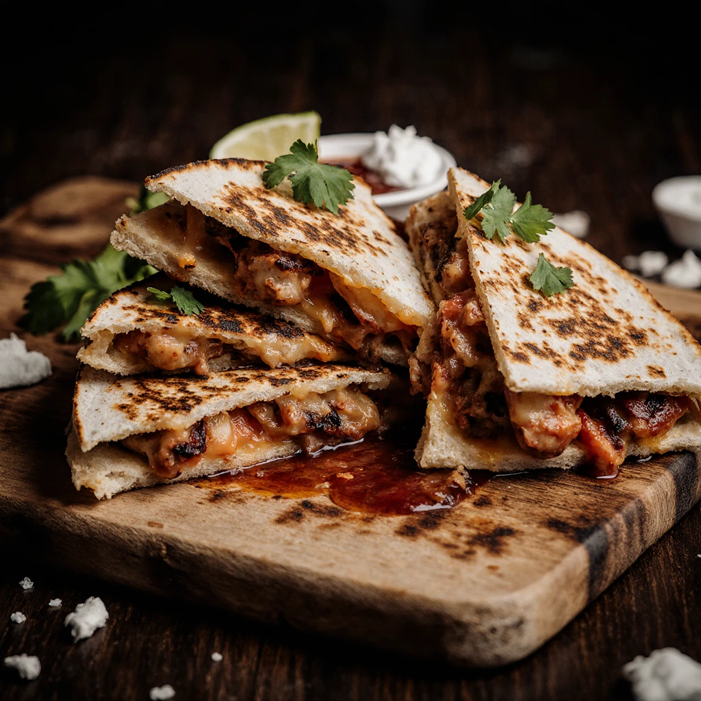 BBQ chicken quesadilla with melted cheese and crispy golden tortilla slices