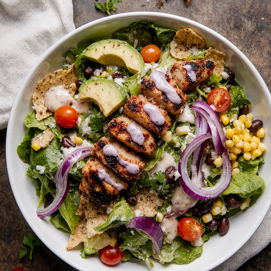 Healthy BBQ chicken chopped salad with grilled chicken, fresh vegetables, avocado, and creamy ranch dressing in a bowl
