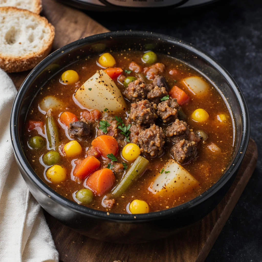 Crockpot vegetable beef soup with tender beef and colorful vegetables simmered in a rich tomato broth, served hot in a rustic bowl.