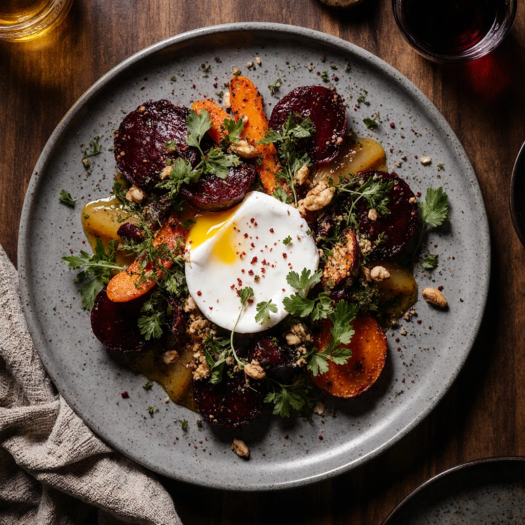 Roasted Beets and Carrots Salad with Burrata, fresh herbs, and toasted nuts on a white plate