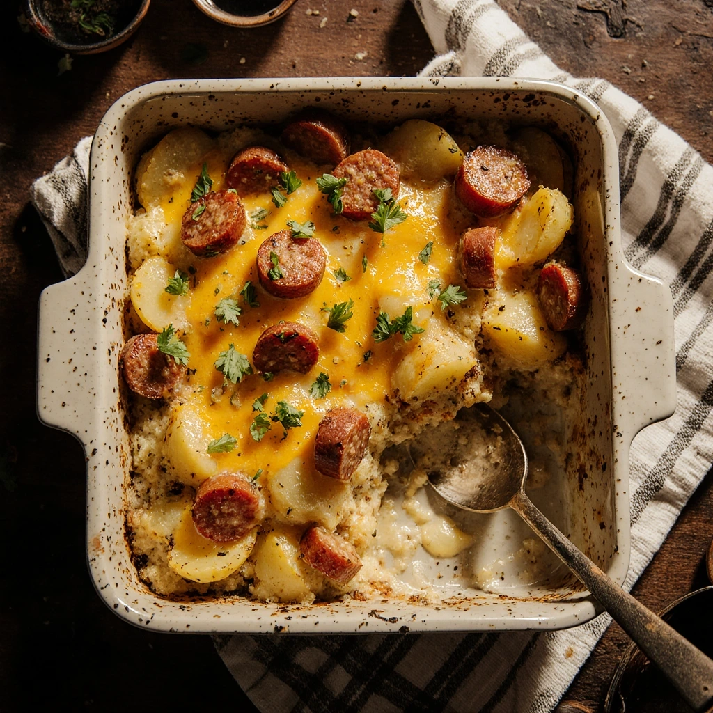 Baking dish filled with cheesy ranch potatoes and smoked sausage topped with melted cheddar, green onions, and parsley.