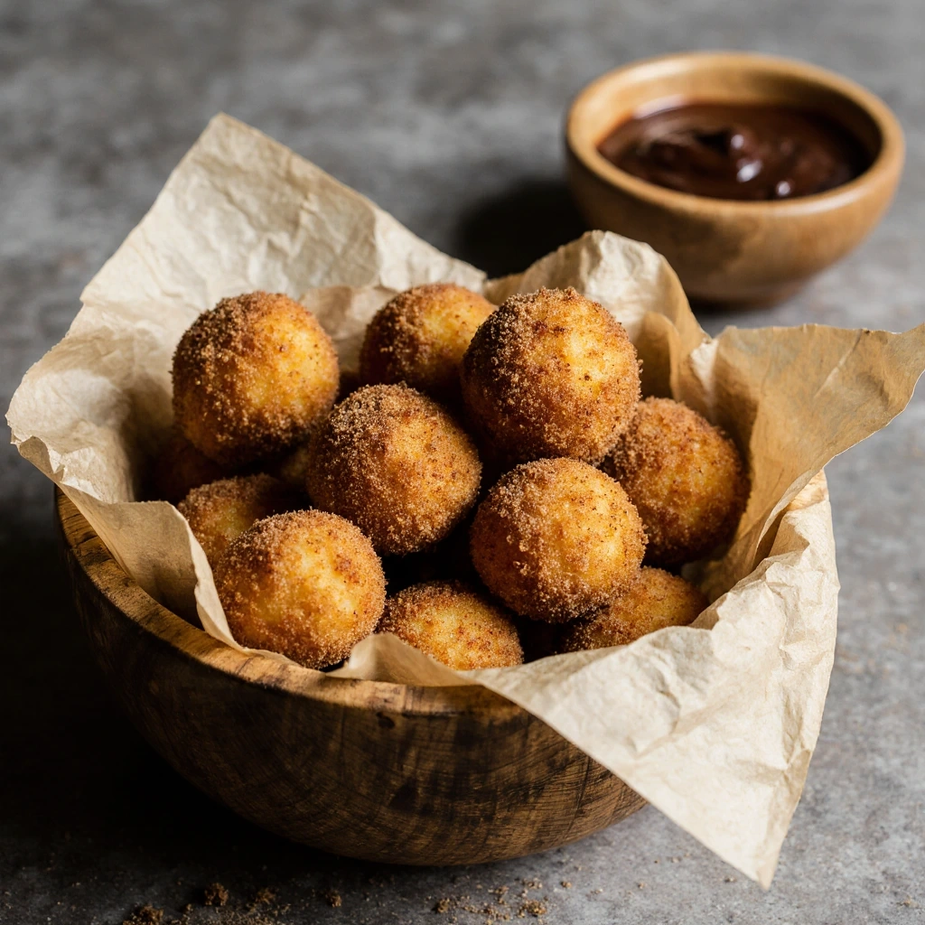 Golden air fryer churro bites coated in cinnamon sugar served in a wooden bowl with a chocolate dipping sauce.
