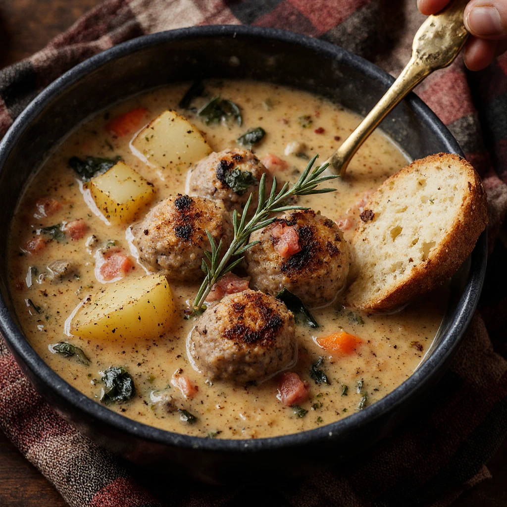 Creamy Italian sausage potato soup with potatoes, kale, and Parmesan in a rustic bowl
