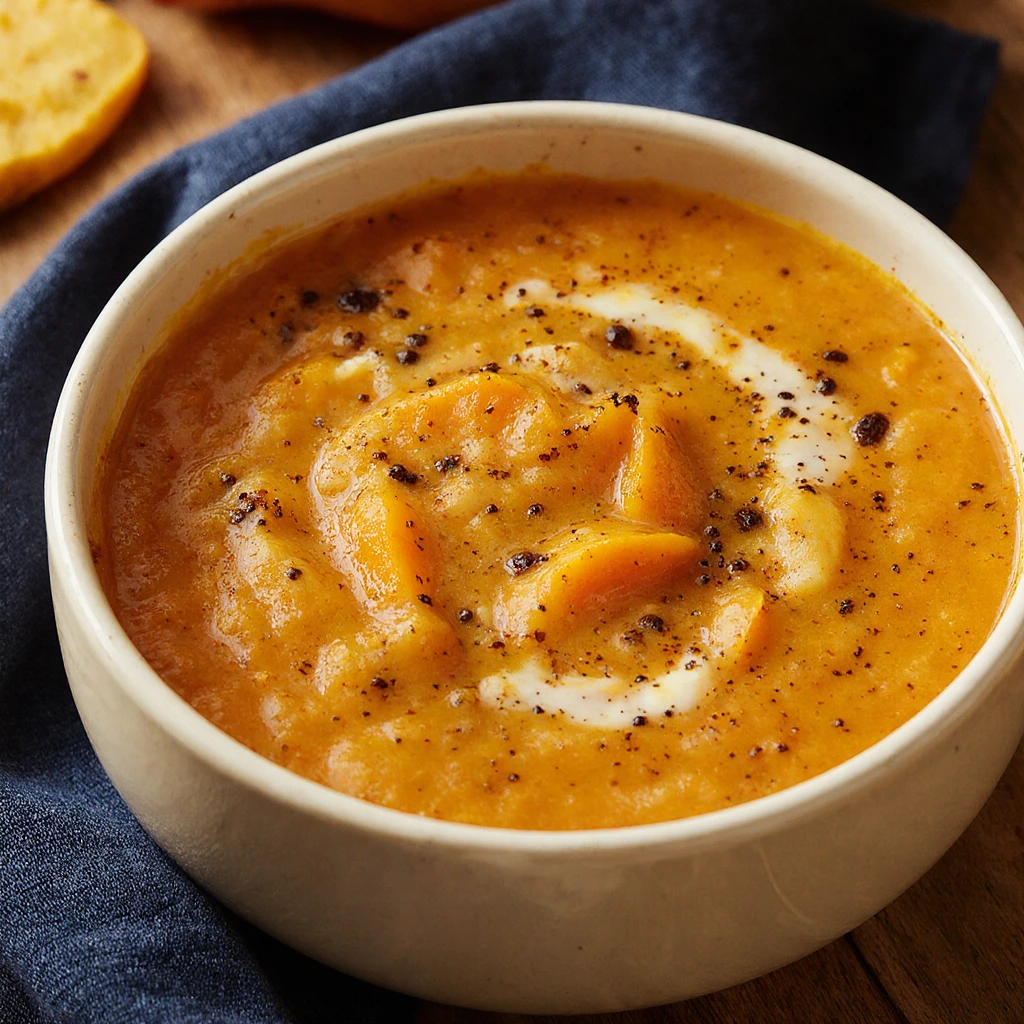 Creamy roasted butternut squash, sweet potato and carrot soup garnished with pumpkin seeds and thyme, served as a cozy winter dinner.