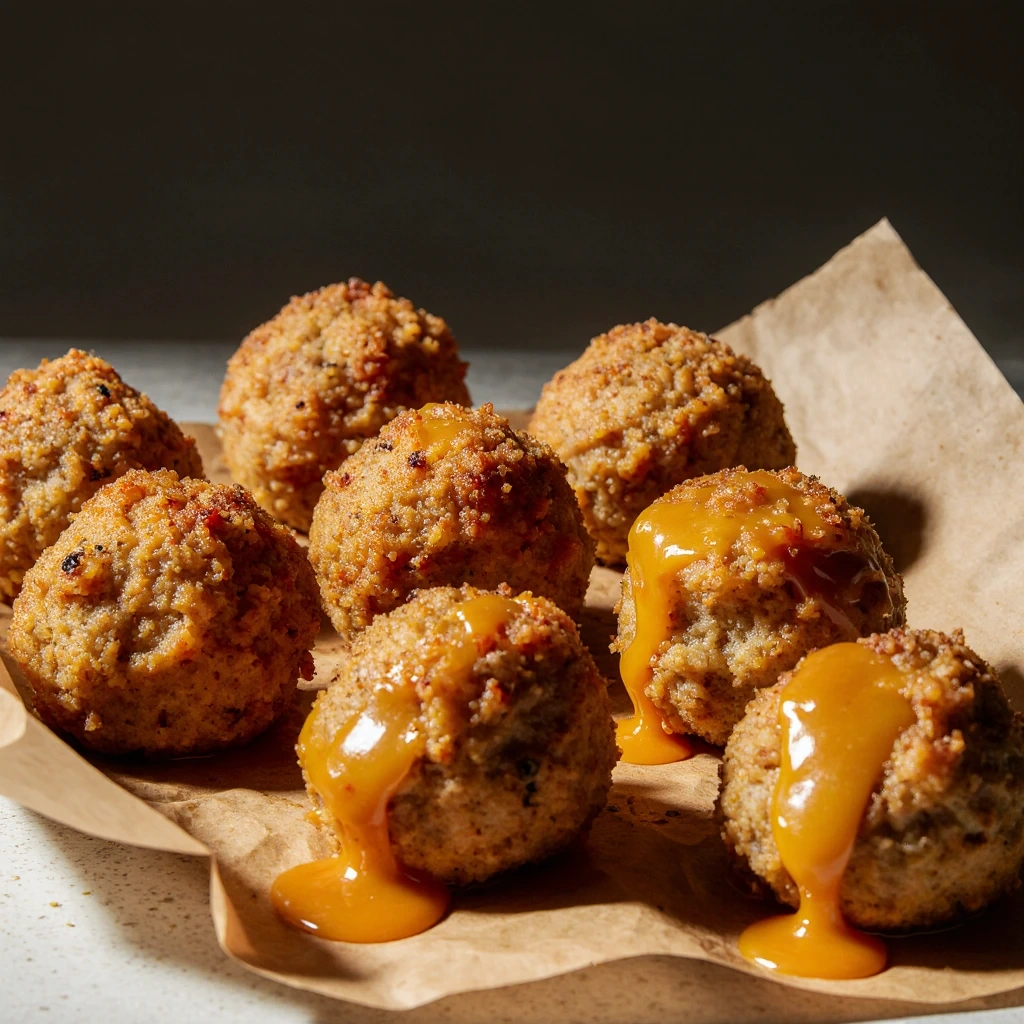 Golden-brown Bisquick sausage balls arranged on a baking sheet with melted cheddar and a warm, appetizing presentation.