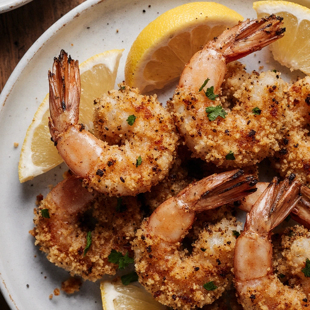 Crispy air fryer garlic parmesan shrimp garnished with parsley and lemon wedges on a white plate.