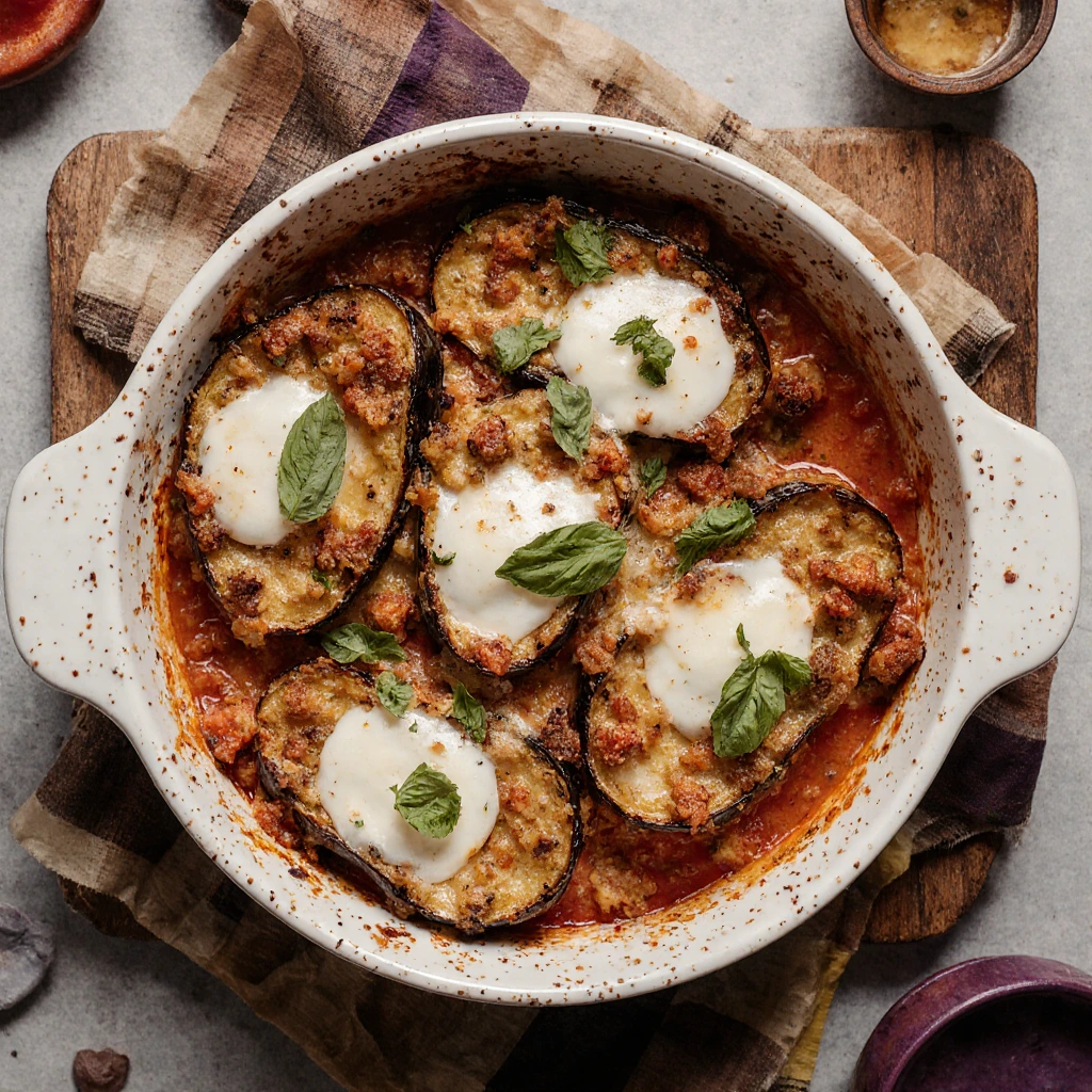 Overhead view of a Mediterranean eggplant casserole baked with roasted eggplant, tomato sauce, melted cheese, and fresh basil in a white dish on a rustic table.