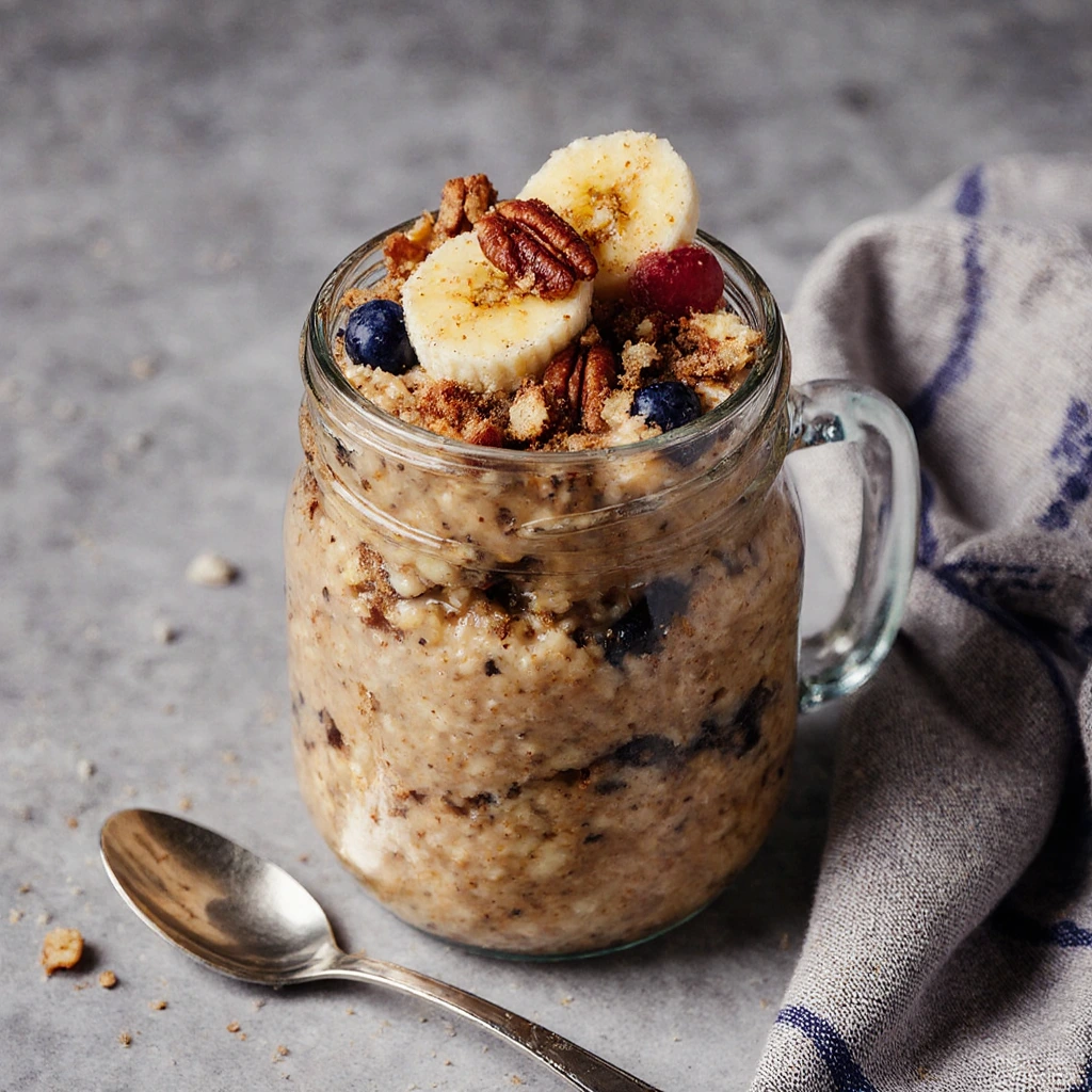 Creamy brown sugar oats in a glass jar topped with banana slices and pecans on a white marble surface.
