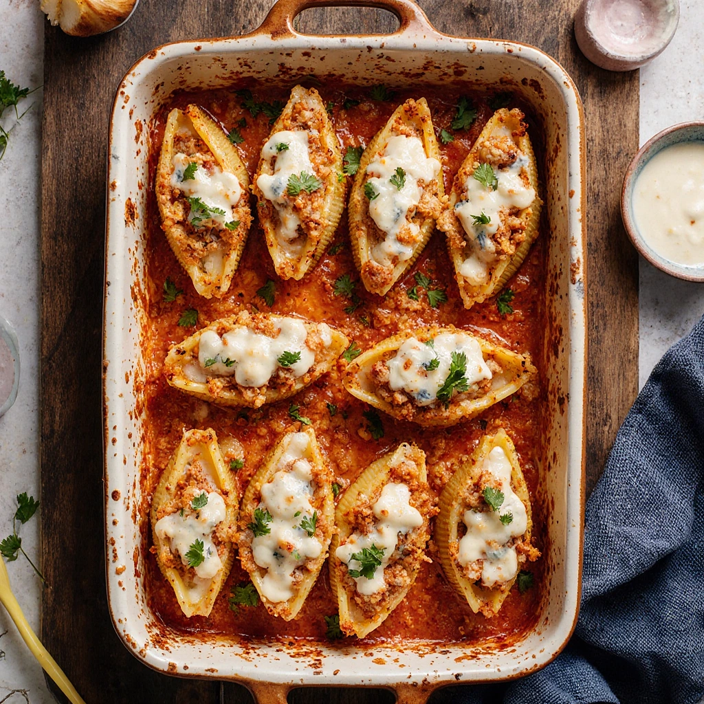 Buffalo Chicken Stuffed Shells baked with melted cheese and garnished with parsley in a white casserole dish.
