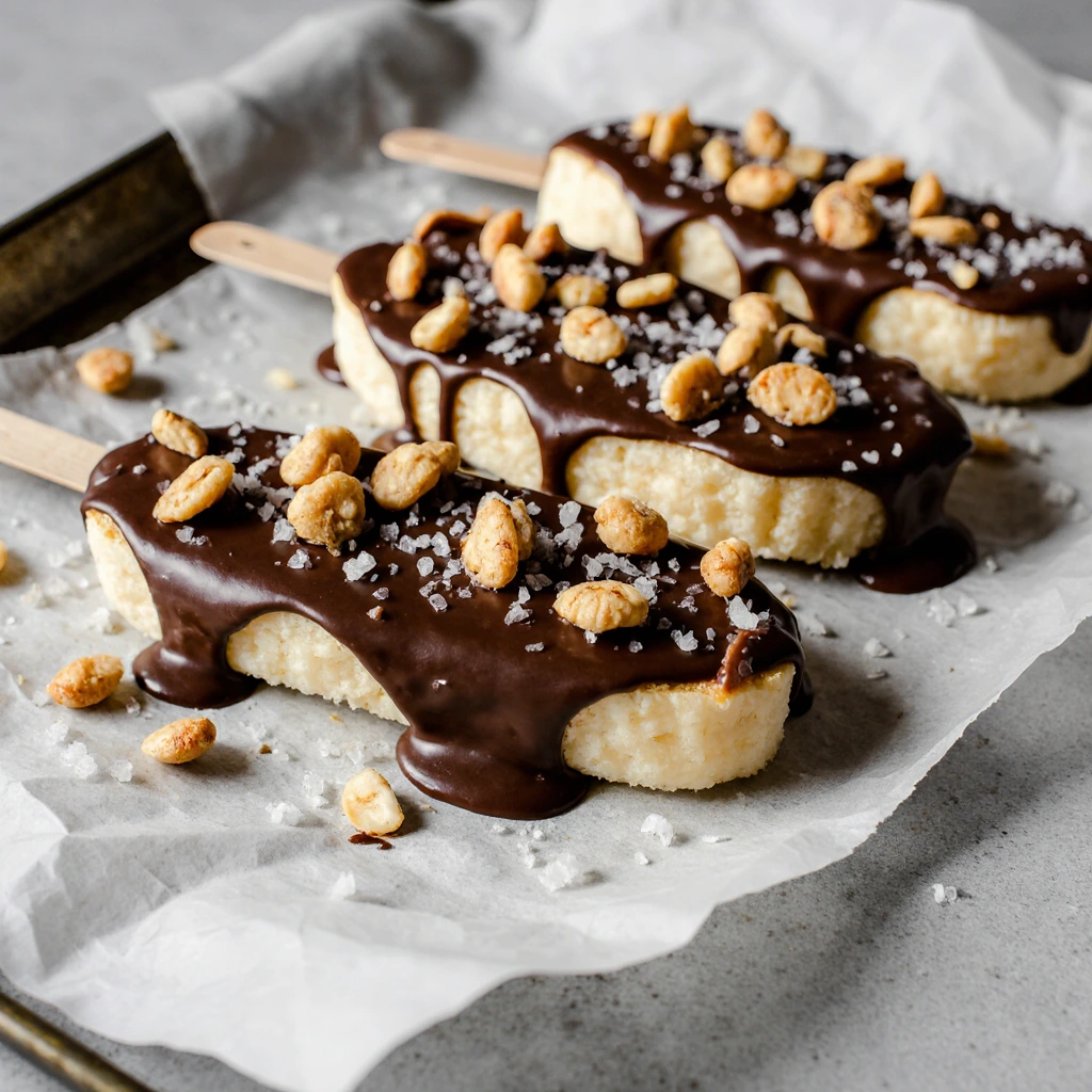 Frozen Banana Snickers made from banana slices filled with peanut butter, dipped in dark chocolate, and topped with chopped peanuts and sea salt on a parchment-lined tray.