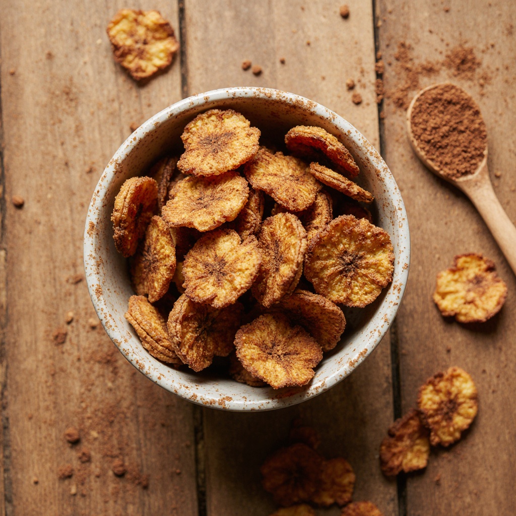 Crispy homemade air fryer cinnamon banana chips in a bowl, sprinkled with cinnamon.